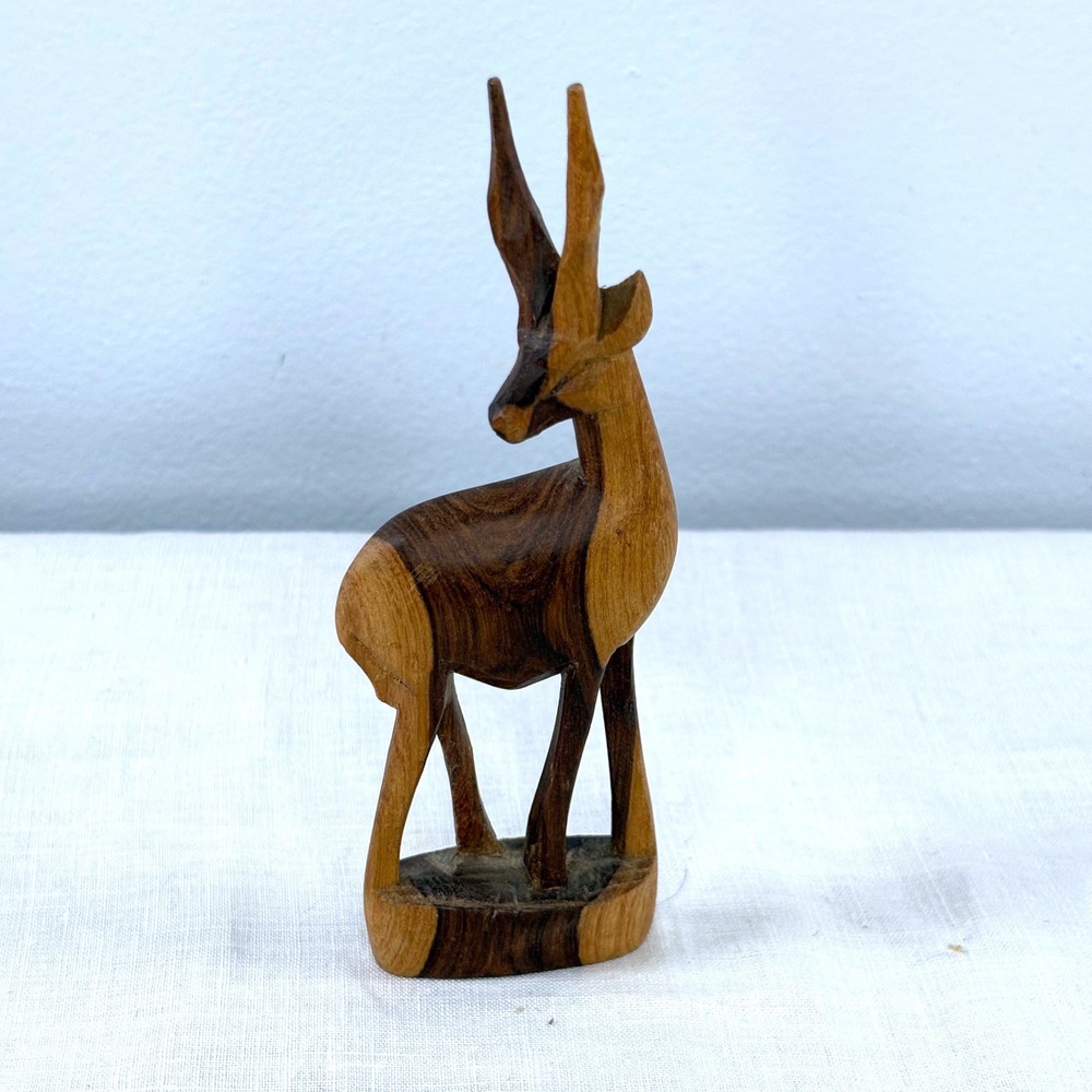 Vintage Hand Carved Two Tone Wood Gazelle Antelope Figurine African Folk Art